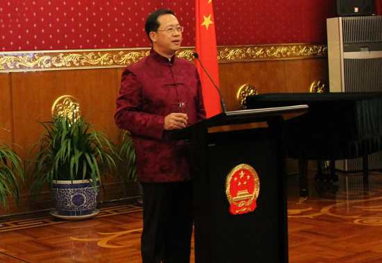 中国驻澳大利亚大使马朝旭在国庆招待会上致辞（摄影 鲍捷）