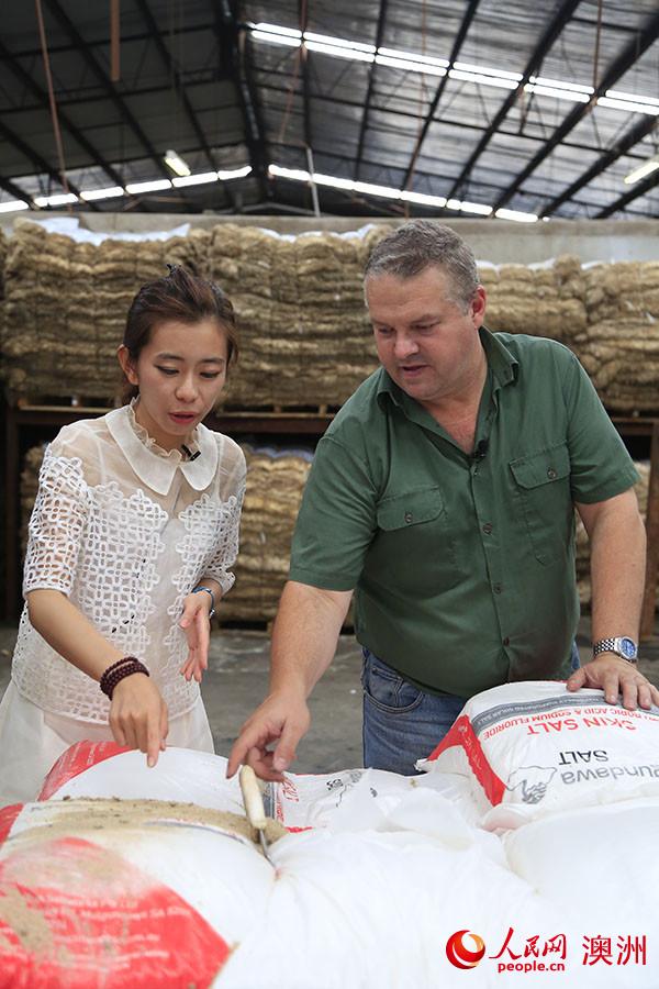 澳斯兰生皮出口加工厂负责人迈克告诉我们羊毛上的盐是清洁用的（摄影 贺吉）