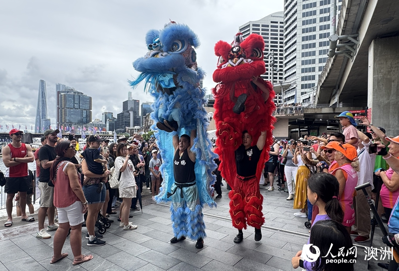 2026悉尼新春龙舟赛现场的舞狮表演吸引众多游客驻足观看（摄影 王泉骄）